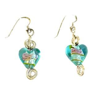 Heart Shaped Lampwork Glass Beads Blue Pink Sterling Silver Hardware Earrings